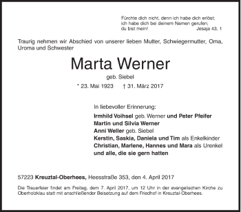 Traueranzeige von Marta Werner von Siegener Zeitung