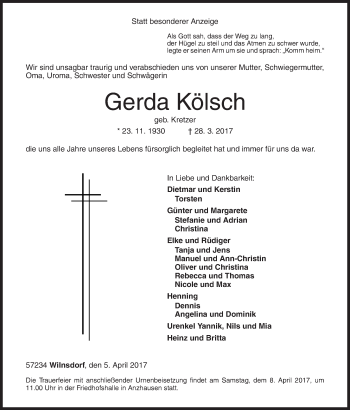 Traueranzeige von Gerda Kölsch von Siegener Zeitung