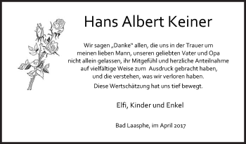 Traueranzeige von Hans Albert Keiner von Siegener Zeitung