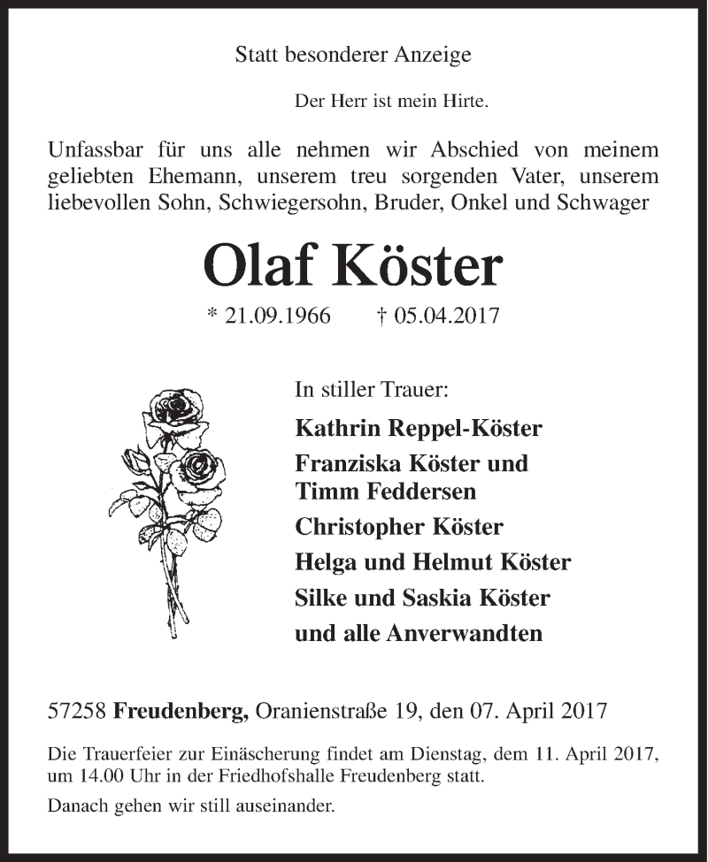  Traueranzeige für Olaf Köster vom 07.04.2017 aus Siegener Zeitung