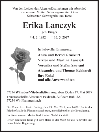 Traueranzeige von Erika Lanczyk von Siegener Zeitung
