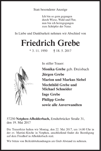 Traueranzeige von Friedrich Grebe von Siegener Zeitung