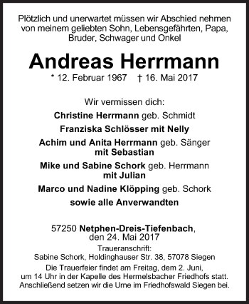 Traueranzeige von Andreas Herrmann von Siegener Zeitung