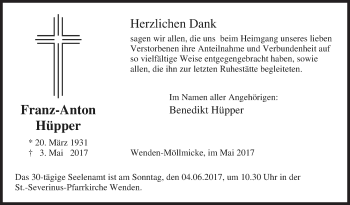 Traueranzeige von Franz-Anton Hüpper von Siegener Zeitung