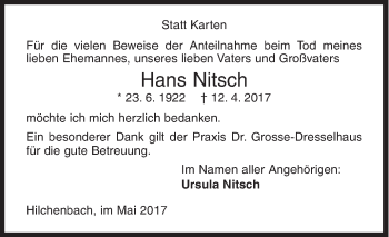 Traueranzeige von Hans Nitsch von Siegener Zeitung