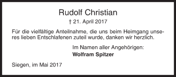 Traueranzeige von Rudolf Christian von Siegener Zeitung
