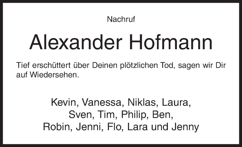  Traueranzeige für Alexander Hofmann vom 09.05.2017 aus Siegener Zeitung