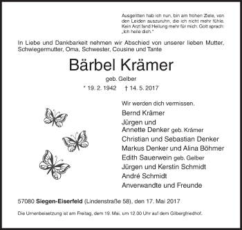 Traueranzeige von Bärbel Krämer von Siegener Zeitung