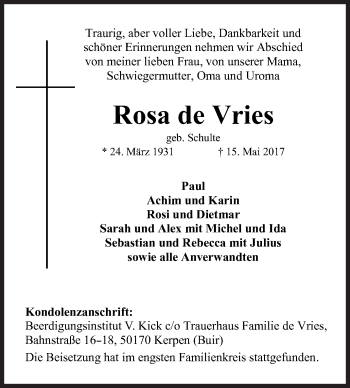 Traueranzeige von Rosa de Vries von Siegener Zeitung