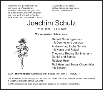 Traueranzeige von Joachim Schulz von Siegener Zeitung