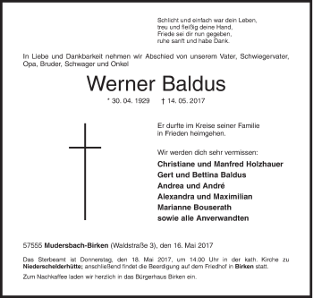 Traueranzeige von Werner Baldus von Siegener Zeitung