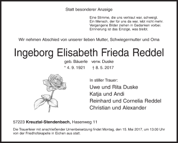Traueranzeige von Ingeborg Elisabeth Frieda Reddel von Siegener Zeitung