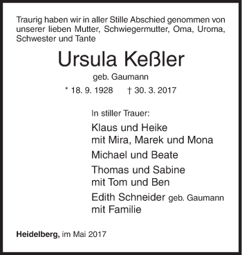 Traueranzeige von Ursula Keßler von Siegener Zeitung