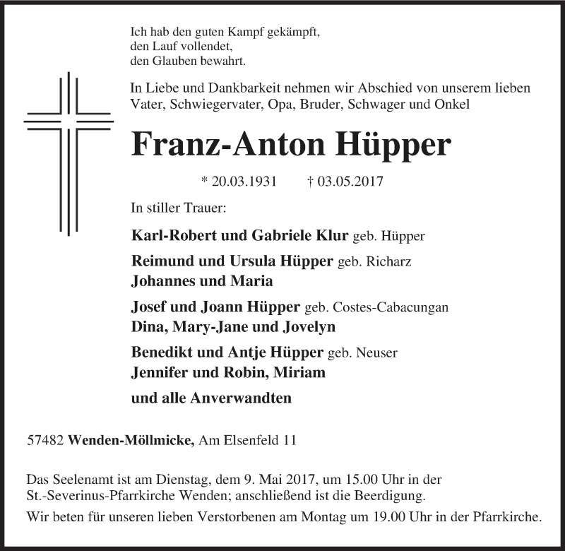  Traueranzeige für Franz-Anton Hüpper vom 08.05.2017 aus Siegener Zeitung
