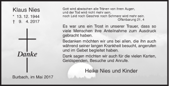 Traueranzeige von Klaus Nies von Siegener Zeitung