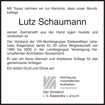 Traueranzeige von Lutz Schaumann von Siegener Zeitung