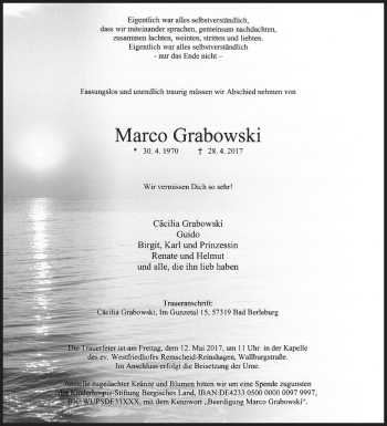 Traueranzeige von Marco Grabowski von Siegener Zeitung