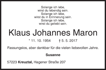 Traueranzeige von Klaus Johannes Maron von Siegener Zeitung