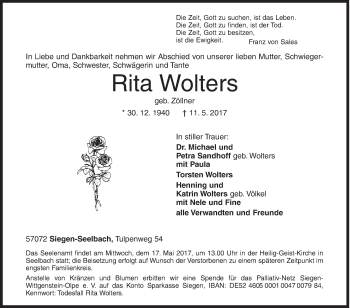 Traueranzeige von Rita Wolters von Siegener Zeitung