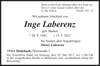 Traueranzeige von Inge Laberenz von Siegener Zeitung