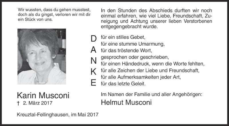  Traueranzeige für Karin Musconi vom 31.05.2017 aus Siegener Zeitung