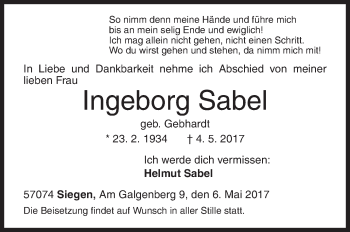 Traueranzeige von Ingeborg Sabel von Siegener Zeitung