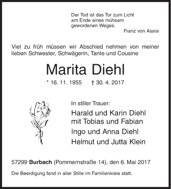 Traueranzeige von Marita Diehl von Siegener Zeitung