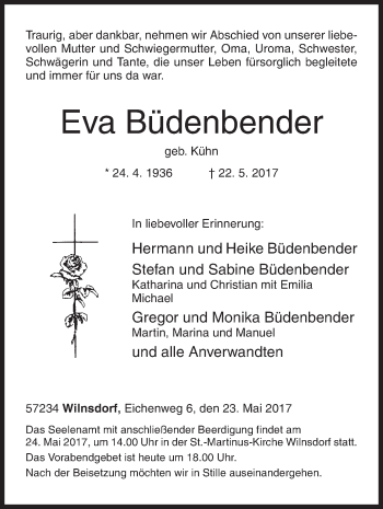 Traueranzeige von Eva Büdenbender von Siegener Zeitung