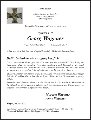Traueranzeige von Georg Wagener von Siegener Zeitung