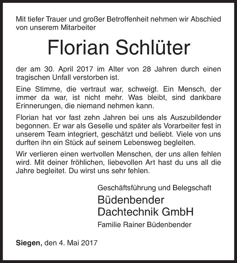  Traueranzeige für Florian Schlüter vom 04.05.2017 aus Siegener Zeitung