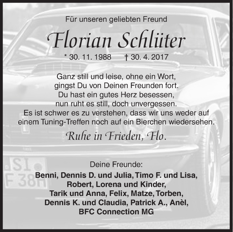  Traueranzeige für Florian Schlüter vom 06.05.2017 aus Siegener Zeitung