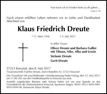 Traueranzeige von Klaus Friedrich Dreute von Siegener Zeitung