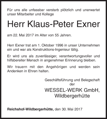 Traueranzeige von Klaus-Peter Exner von Siegener Zeitung