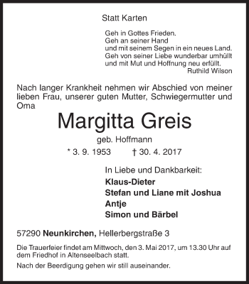 Traueranzeige von Margitta Greis von Siegener Zeitung