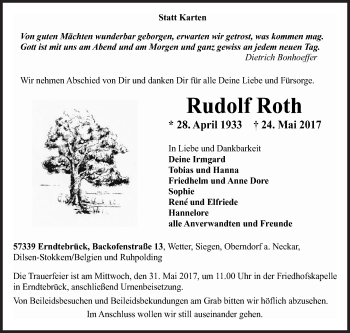 Traueranzeige von Rudolf Roth von Siegener Zeitung