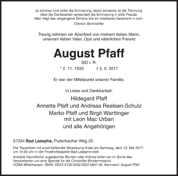 Traueranzeige von August Pfaff von Siegener Zeitung