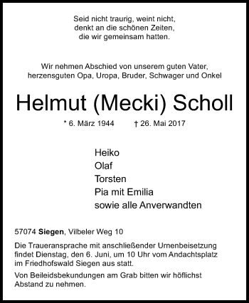 Traueranzeige von Helmut  Scholl von Siegener Zeitung