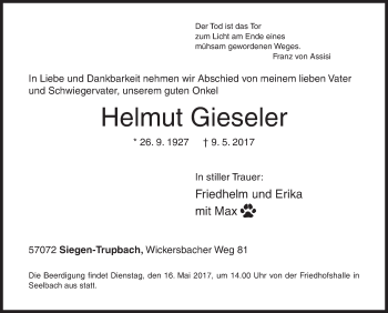 Traueranzeige von Helmut Gieseler von Siegener Zeitung