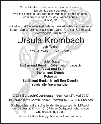 Traueranzeige von Ursula Krombach von Siegener Zeitung