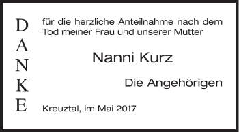 Traueranzeige von Nanni Kurz von Siegener Zeitung