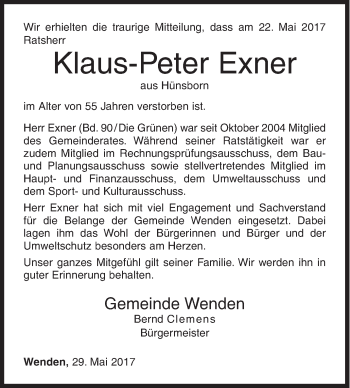 Traueranzeige von Klaus-Peter Exner von Siegener Zeitung