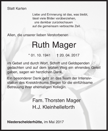 Traueranzeige von Ruth Mager von Siegener Zeitung
