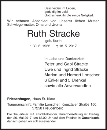 Traueranzeige von Ruth Stracke von Siegener Zeitung