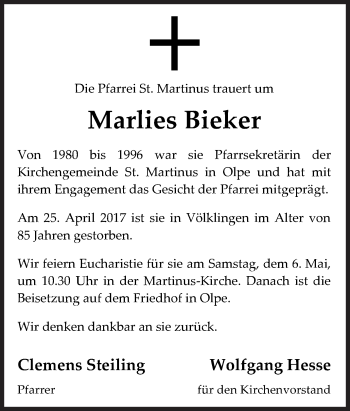 Traueranzeige von Marlies Bieker von Siegener Zeitung