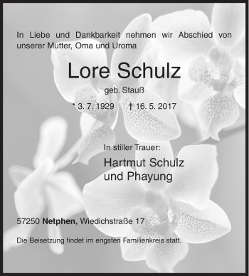 Traueranzeige von Lore Schulz von Siegener Zeitung