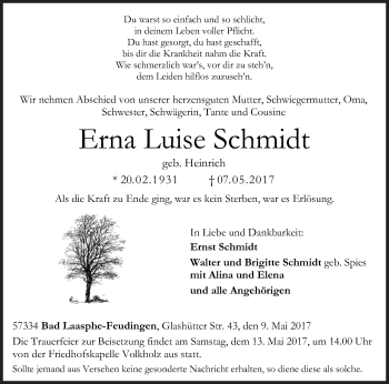 Traueranzeige von Erna Luise Schmidt von Siegener Zeitung