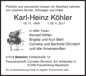 Traueranzeige von Karl-Heinz Köhler von Siegener Zeitung