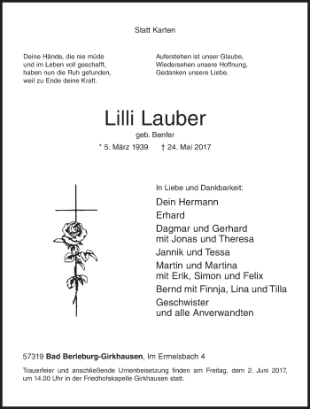 Traueranzeige von Lilli Lauber von Siegener Zeitung