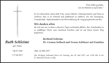 Traueranzeige von Ruth Schleime von Siegener Zeitung