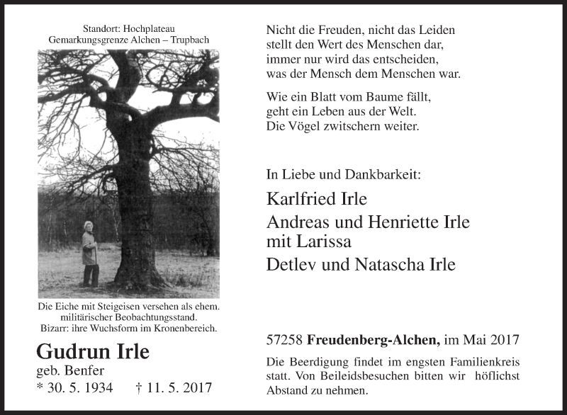  Traueranzeige für Gudrun Irle vom 16.05.2017 aus Siegener Zeitung